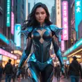 Irelia, in a futuristic, cyber-leathered outfit with digital, animated tattoos that sync with her movements, walking down a bustling, neon-lit street of a futuristic city, her eyes sharp and focused as she navigates the crowd.