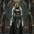 Kayle, adorned with intricate, sword-inspired tattoos that wrap around her legs and torso, dressed in a majestic, medieval-style robe with a high collar, standing in a grand, cathedral-like hall with stained-glass windows casting colorful light.