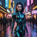 Morgana, in a futuristic, cyber-leathered outfit with digital, animated tattoos that flicker with dark energy, walking down a dimly lit, neon-lit street of a dystopian city, her eyes glowing with a mysterious light.