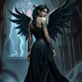 Morgana, the fallen angel, with dark, angelic-themed tattoos that cover her wings and back, wearing a dramatic, black corset and long, flowing skirt, standing in a stormy, gothic cathedral with lightning flashing outside.