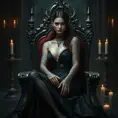 Morgana, adorned with intricate, thorn-inspired tattoos that wrap around her arms and legs, dressed in a regal, medieval-style gown with a deep, plunging neckline, sitting on a throne in a shadowy, candlelit chamber.