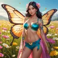 Irelia, with delicate, butterfly tattoos that flutter across her wrists and ankles, dressed in a vibrant, festival-style outfit, standing in a sunlit, flower-filled meadow with her blades sheathed.