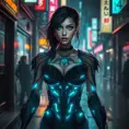 Morgana, in a futuristic, cyber-leathered outfit with digital, animated tattoos that flicker with dark energy, walking down a dimly lit, neon-lit street of a dystopian city, her eyes glowing with a mysterious light.