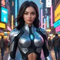 Irelia, in a futuristic, cyber-leathered outfit with digital, animated tattoos that sync with her movements, walking down a bustling, neon-lit street of a futuristic city, her eyes sharp and focused as she navigates the crowd.