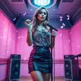 Seraphine, in a chic, high-waisted leather skirt paired with a glittery tank top, holding a microphone and surrounded by holographic music notes, standing in a dreamy, pastel-colored recording studio.