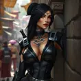 Irelia, sporting bold, geometric tattoos that trace the contours of her face and neck, wearing a sleek, black combat suit with her blades strapped to her back, leaning against a stone wall in a bustling, ancient marketplace.