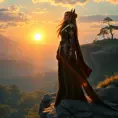 Ahri, dressed in a regal, long-sleeved leather gown with intricate gold detailing, standing at the edge of a cliff overlooking a vast, mystical forest at dawn, her silhouette highlighted by the rising sun.