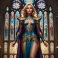 Kayle, adorned with intricate, sword-inspired tattoos that wrap around her legs and torso, dressed in a majestic, medieval-style robe with a high collar, standing in a grand, cathedral-like hall with stained-glass windows casting colorful light.