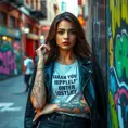 Seraphine, sporting bold, graffiti-style tattoos that spell out lyrics on her forearms, wearing a chic, leather jacket over a graphic tee, leaning against a vibrant, street art-covered wall in a bustling city square.