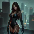 Akali, the stealthy assassin, with striking, tribal-style tattoos that wrap around her arms and torso, wearing a form-fitting, black combat suit, poised in a shadowy, urban rooftop setting with city lights twinkling in the background.