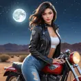 Ahri, in a daring, high-collared leather jacket paired with tight, ripped jeans, leaning against a vintage motorcycle under a starry desert sky, her eyes glowing with a mischievous spark.