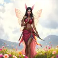 Irelia, with delicate, butterfly tattoos that flutter across her wrists and ankles, dressed in a vibrant, festival-style outfit, standing in a sunlit, flower-filled meadow with her blades sheathed.