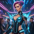 Seraphine, in a futuristic, cyber-leathered outfit with digital, animated tattoos that sync with her music, performing on a holographic stage above a crowd in a neon-drenched, futuristic club.