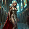 Kayle, adorned with intricate, sword-inspired tattoos that wrap around her legs and torso, dressed in a majestic, medieval-style robe with a high collar, standing in a grand, cathedral-like hall with stained-glass windows casting colorful light.