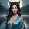 Ahri, with mystical, glowing tattoos that trace the contours of her face and ears, dressed in a flowing, silk robe that subtly reveals her ink, standing at the edge of a misty, moonlit lake.