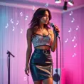 Seraphine, in a chic, high-waisted leather skirt paired with a glittery tank top, holding a microphone and surrounded by holographic music notes, standing in a dreamy, pastel-colored recording studio.