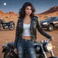 Ahri, in a daring, high-collared leather jacket paired with tight, ripped jeans, leaning against a vintage motorcycle under a starry desert sky, her eyes glowing with a mischievous spark.