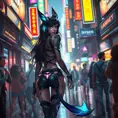 Ahri, in a futuristic, cyberpunk-inspired outfit with digital, animated tattoos that flicker with neon lights, walking down a bustling, neon-lit street of a cyberpunk city, her tail swishing playfully as she navigates the crowd.