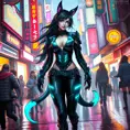 Ahri, adorned in a futuristic, cyberpunk-inspired leather ensemble with neon accents, walking down a bustling, neon-lit street of a cyberpunk city, her tail swishing playfully as she navigates the crowd.