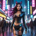 Ahri, adorned in a futuristic, cyberpunk-inspired leather ensemble with neon accents, walking down a bustling, neon-lit street of a cyberpunk city, her tail swishing playfully as she navigates the crowd.