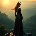 Ahri, dressed in a regal, long-sleeved leather gown with intricate gold detailing, standing at the edge of a cliff overlooking a vast, mystical forest at dawn, her silhouette highlighted by the rising sun.