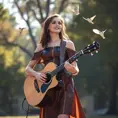 Seraphine, in a playful, off-the-shoulder leather dress with rainbow stitching, standing in a sunlit park with a guitar in hand, birds chirping around her as she prepares to sing.