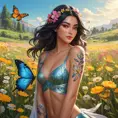 Irelia, with delicate, butterfly tattoos that flutter across her wrists and ankles, dressed in a vibrant, festival-style outfit, standing in a sunlit, flower-filled meadow with her blades sheathed.