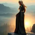 Ahri, dressed in a regal, long-sleeved leather gown with intricate gold detailing, standing at the edge of a cliff overlooking a vast, mystical forest at dawn, her silhouette highlighted by the rising sun.