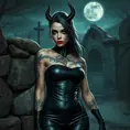 Morgana, sporting bold, demonic-style tattoos that trace the contours of her face and neck, wearing a sleek, leather bodysuit, leaning against a crumbling, ancient stone wall in a desolate, moonlit graveyard.