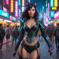 Ahri, adorned in a futuristic, cyberpunk-inspired leather ensemble with neon accents, walking down a bustling, neon-lit street of a cyberpunk city, her tail swishing playfully as she navigates the crowd.