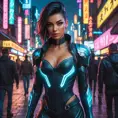 Akali, in a futuristic, cyber-leathered outfit with digital, animated tattoos that glow with neon lights, walking down a bustling, neon-lit street of a cyberpunk city, her eyes sharp and focused as she navigates the crowd.