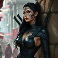 Irelia, sporting bold, geometric tattoos that trace the contours of her face and neck, wearing a sleek, black combat suit with her blades strapped to her back, leaning against a stone wall in a bustling, ancient marketplace.