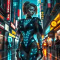 Kayle, in a futuristic, cyber-leathered outfit with digital, animated tattoos that glow with celestial energy, walking down a bustling, neon-lit street of a utopian city, her eyes shining with a benevolent light.