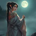 Ahri, with mystical, glowing tattoos that trace the contours of her face and ears, dressed in a flowing, silk robe that subtly reveals her ink, standing at the edge of a misty, moonlit lake.