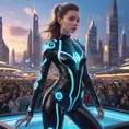 Seraphine, sporting a futuristic, cyber-leathered bodysuit with glowing musical symbols embedded in the design, performing on a floating stage above a crowd in a bustling futuristic cityscape.