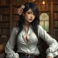 Ahri, with delicate, floral tattoos that bloom across her shoulders and down her spine, dressed in a classic, white button-down shirt that is artfully unbuttoned, sitting in a cozy, book-filled library.