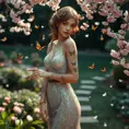 Seraphine, with delicate, butterfly tattoos fluttering across her wrists and ankles, dressed in a sparkling, sequined dress, standing in a serene, garden setting with cherry blossoms falling around her.