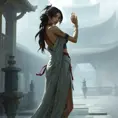 Akali, with delicate, floral tattoos that bloom across her wrists and ankles, dressed in a flowing, assassin's robe that subtly reveals her ink, standing in a misty, ancient temple courtyard.