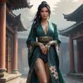 Akali, with delicate, floral tattoos that bloom across her wrists and ankles, dressed in a flowing, assassin's robe that subtly reveals her ink, standing in a misty, ancient temple courtyard.