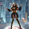 Seraphine, sporting a futuristic, cyber-leathered bodysuit with glowing musical symbols embedded in the design, performing on a floating stage above a crowd in a bustling futuristic cityscape.