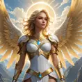 Kayle, the radiant angel, with angelic-themed tattoos that shimmer with golden light, covering her wings and arms, wearing a pristine, white armor set with silver accents, standing in a sunlit, cloud-filled sky above a serene, mountain landscape.