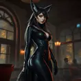 Ahri, the enigmatic fox-woman, clad in form-fitting black leather that accentuates her lithe, feline grace, standing amidst a dimly lit, smoky jazz club with a backdrop of shimmering city lights seen through large, arched windows.