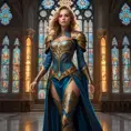 Kayle, adorned with intricate, sword-inspired tattoos that wrap around her legs and torso, dressed in a majestic, medieval-style robe with a high collar, standing in a grand, cathedral-like hall with stained-glass windows casting colorful light.