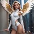 Kayle, sporting bold, celestial-style tattoos that trace the contours of her face and neck, wearing a sleek, white bodysuit with angelic wings, leaning against a pillar in a futuristic, space-age cityscape.