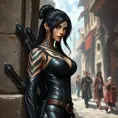 Irelia, sporting bold, geometric tattoos that trace the contours of her face and neck, wearing a sleek, black combat suit with her blades strapped to her back, leaning against a stone wall in a bustling, ancient marketplace.