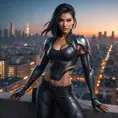 Akali, the stealthy assassin, with striking, tribal-style tattoos that wrap around her arms and torso, wearing a form-fitting, black combat suit, poised in a shadowy, urban rooftop setting with city lights twinkling in the background.