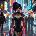 Irelia, in a futuristic, cyber-leathered outfit with digital, animated tattoos that sync with her movements, walking down a bustling, neon-lit street of a futuristic city, her eyes sharp and focused as she navigates the crowd.