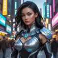 Irelia, in a futuristic, cyber-leathered outfit with digital, animated tattoos that sync with her movements, walking down a bustling, neon-lit street of a futuristic city, her eyes sharp and focused as she navigates the crowd.