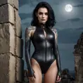 Morgana, sporting bold, demonic-style tattoos that trace the contours of her face and neck, wearing a sleek, leather bodysuit, leaning against a crumbling, ancient stone wall in a desolate, moonlit graveyard.