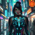 Akali, in a futuristic, cyber-leathered outfit with digital, animated tattoos that glow with neon lights, walking down a bustling, neon-lit street of a cyberpunk city, her eyes sharp and focused as she navigates the crowd.